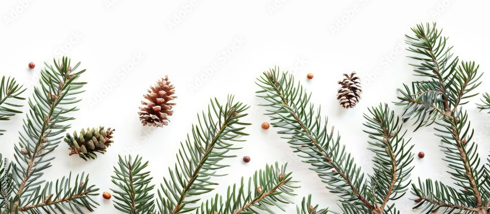 Poster festive christmas decor with evergreen branches on a white backdrop top down view for a design with 