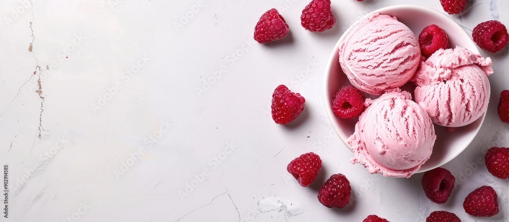 Poster A top view of pink ice cream with raspberries on a white table offering copy space for text in a horizontal background setting