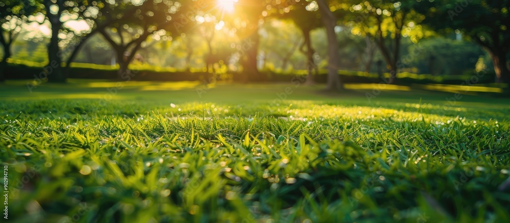 Aufkleber green grass fields and fresh tree plants in a public park under beautiful morning light provide a ve