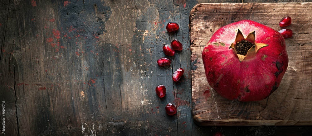 Aufkleber Top down view of a vibrant pomegranate peeled and ripe placed on a wooden board with a rustic texture in the background allowing for additional image content