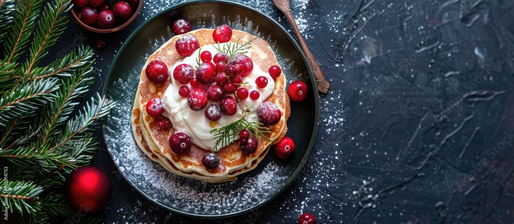 Aufkleber festive winter breakfast or brunch option cranberry pancakes topped with vanilla cream and fresh ber