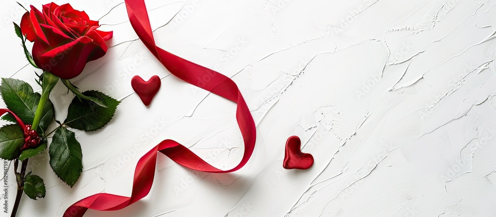 Poster a red rose adorned with a ribbon and heart on a white backdrop creating a romantic holiday and valen