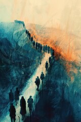 Naklejka premium A group of people are walking in a line, some of them carrying backpacks. The image has a colorful and vibrant feel to it, with a mix of red, yellow, and blue hues