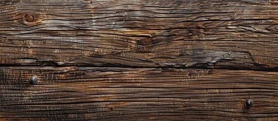 Fototapeta premium A horizontal close up view showcasing a weathered brown wood surface with visible scratches and nails providing detailed texture in a copy space image