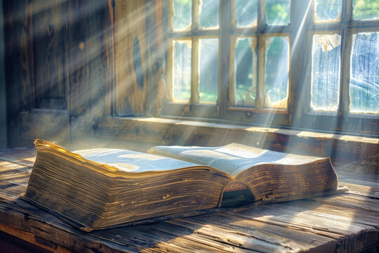Open Book in Sunbeams on Windowsill