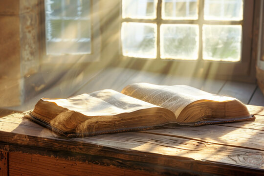 Open Book Illuminated by Sunlight Streaming Through Window
