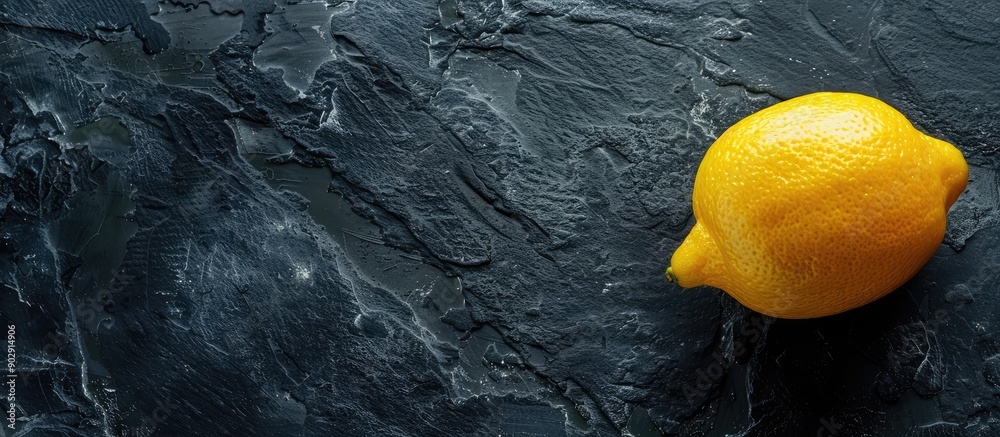 Poster Yellow ripe lemon on a dark stone background with copy space image