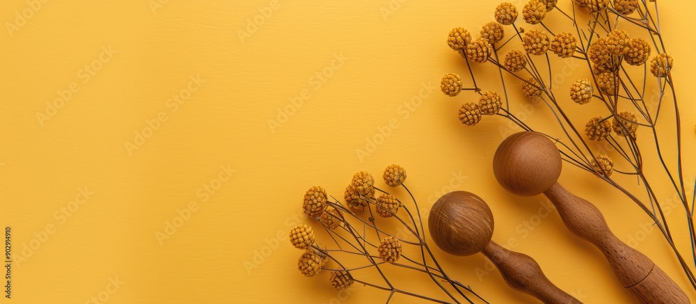 Poster wooden rattle and dry spikes on yellow backdrop in a top view copy space image