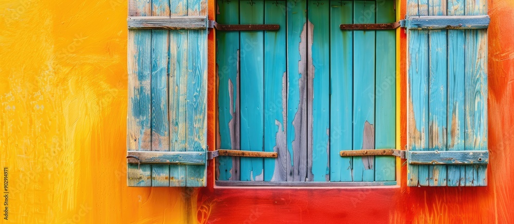 Poster Wooden window display on wall with vibrant colors and copy space image