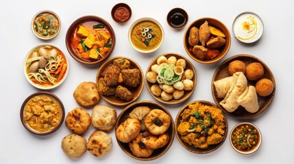 Top-down view of diverse Indian dishes such as curry, samosa, rolls, pani puri, and pakora isolated on white. Ideal for Ramadan Iftar collection.