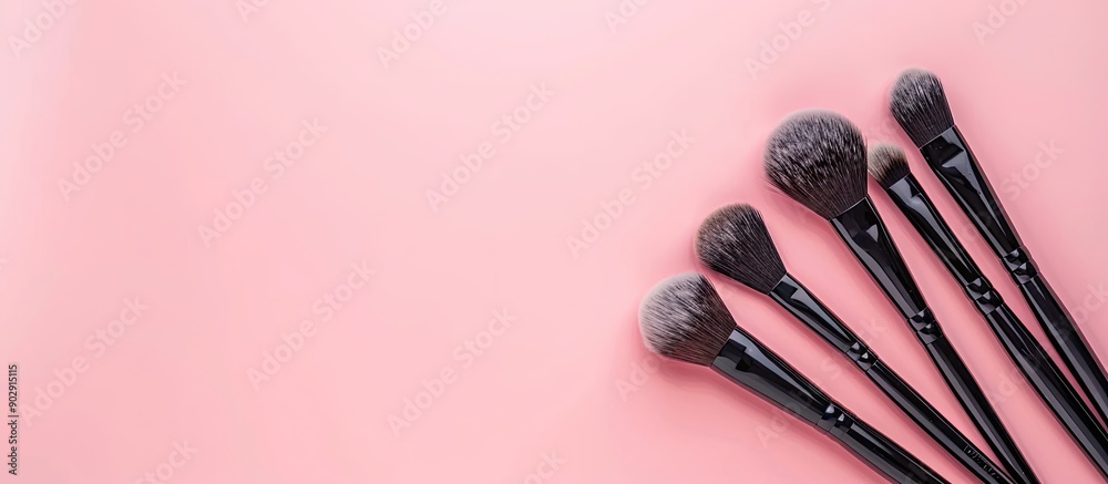 Poster Makeup brushes on a soft pink backdrop ideal for showcasing in magazines or social media Top down view with ample copy space image