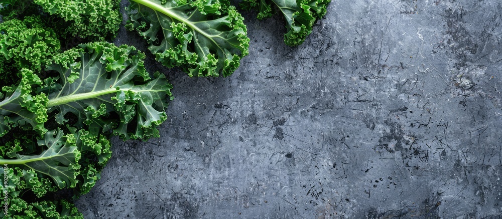 Poster table with grey background showcasing fresh kale leaves in a flat lay arrangement providing a blank 