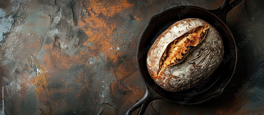 Poster Top down view of sourdough bread in a cast iron pan on a rustic backdrop with ample copy space image