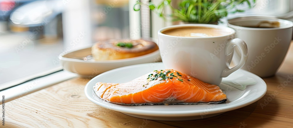 Aufkleber Enjoy a delightful breakfast at the cafe with a coffee cup featuring a luscious latte and tasty salmon creating a visually appealing copy space image