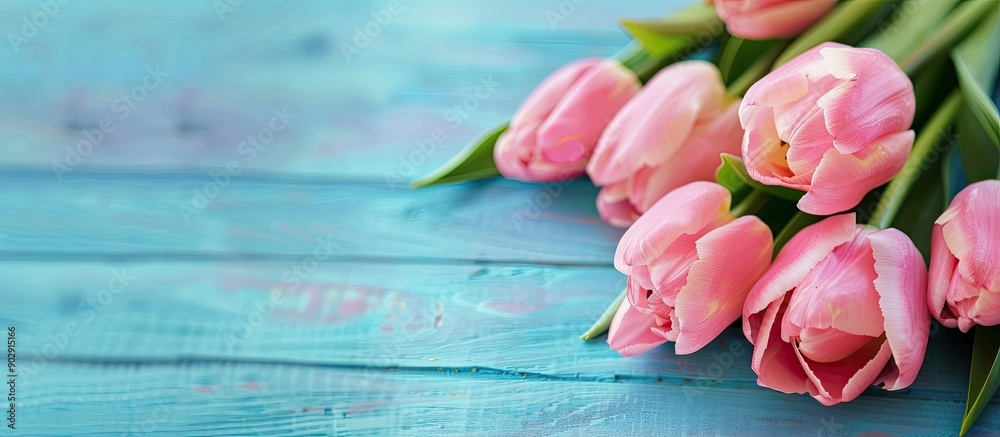 Poster Background with pink tulips copy space image