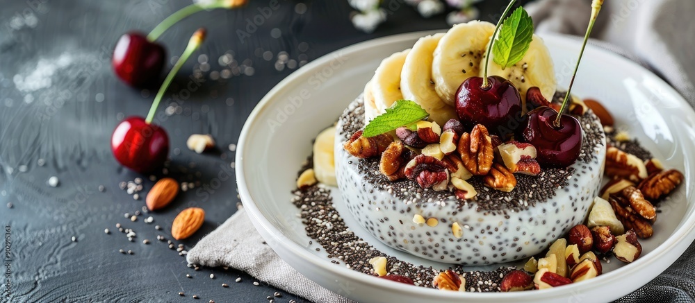 Poster a white plate presenting a chia pudding topped with banana cherry and nuts offering a delicious and 