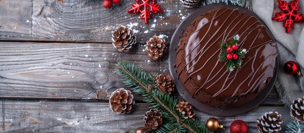 Aufkleber festive christmas cake with chocolate icing displayed on a gray wooden backdrop featuring holiday de