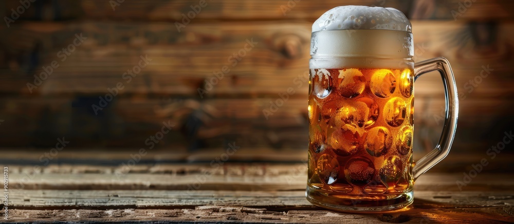 Poster Oktoberfest themed pint of beer with a soft light setting on a rustic wooden backdrop with copy space image