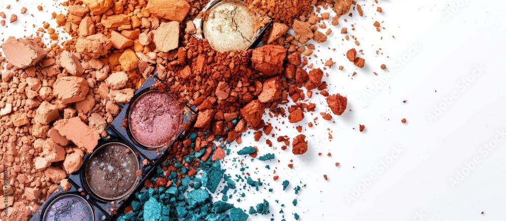 Poster eye shadow makeup set crushed isolated on white background with copy space image