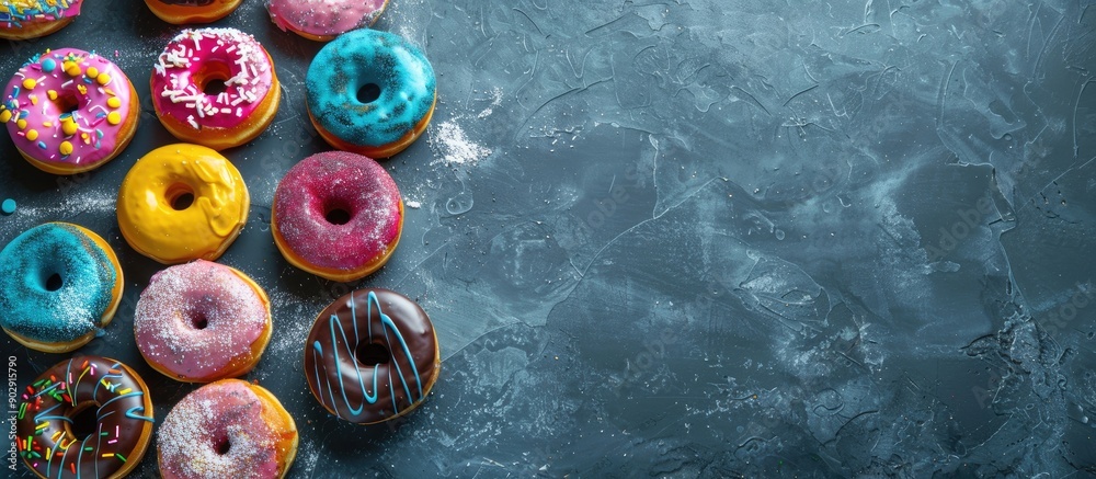 Aufkleber a variety of vibrant donuts displayed on a stone surface viewed from above with an empty area for te