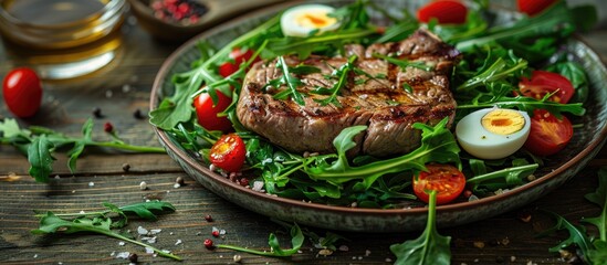 Grilled bone in steak is served with an arugula cherry tomato and poached quail egg salad on a wooden table with copy space image