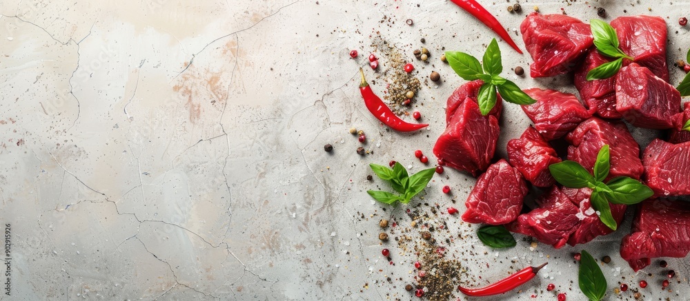 Poster Raw fresh beef pulp displayed on a bright backdrop ideal for protein rich keto diets A banner with space for text overlaid on the image. Creative banner. Copyspace image