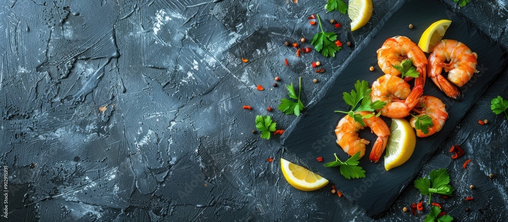 Poster seafood dish of cooked shrimp with parsley and lemon on a sleek black stone plate captured from abov