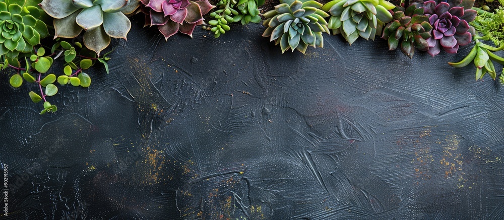 Aufkleber Table with a blackboard displaying succulent plants and cacti with available copy space image