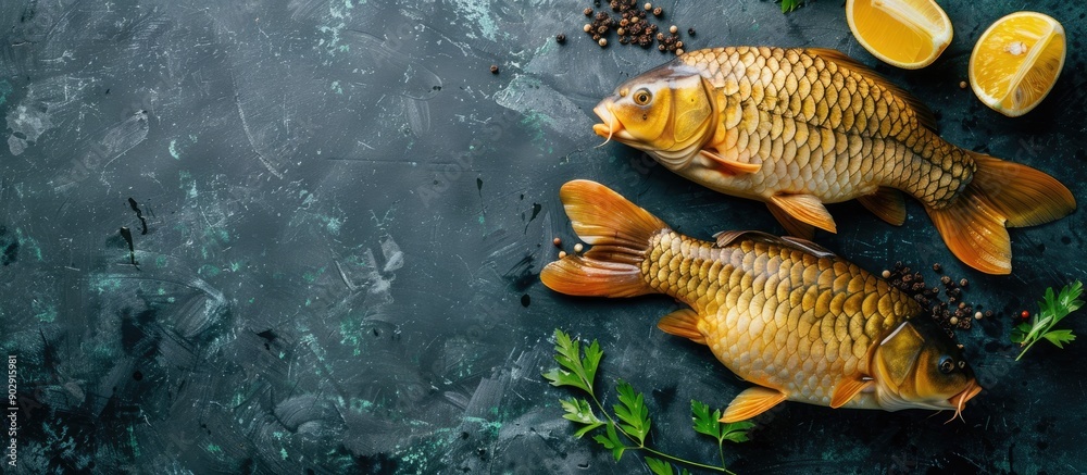 Poster a pair of freshly caught carp showcased on a stylish dark blue kitchen countertop in a horizontal to