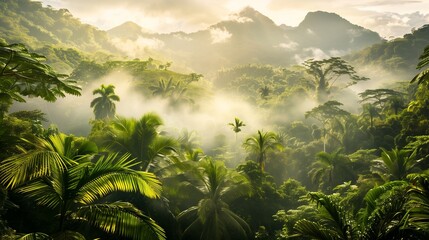 Paesaggio lussureggiante di foresta tropicale verde con montagne nebbiose su sfondo bianco. Ideale per rappresentare la bellezza e la diversità della natura esotica e incontaminata.