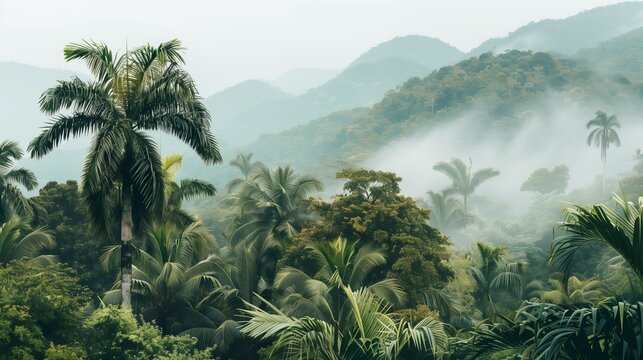 Paesaggio lussureggiante di foresta tropicale verde con montagne nebbiose su sfondo bianco. Ideale per rappresentare la bellezza e la diversit&agrave; della natura esotica e incontaminata.