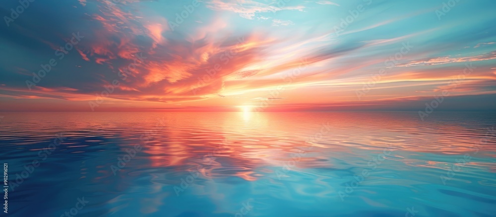 Poster sunset sky in shades of blue with a warm orange glow and reflection on water for a copy space image