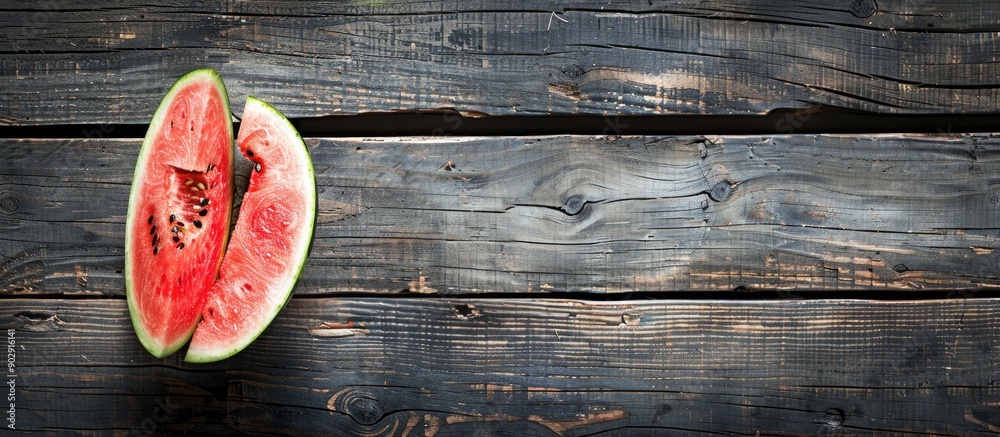 Poster a sliced watermelon on rustic wood with copy space for designers