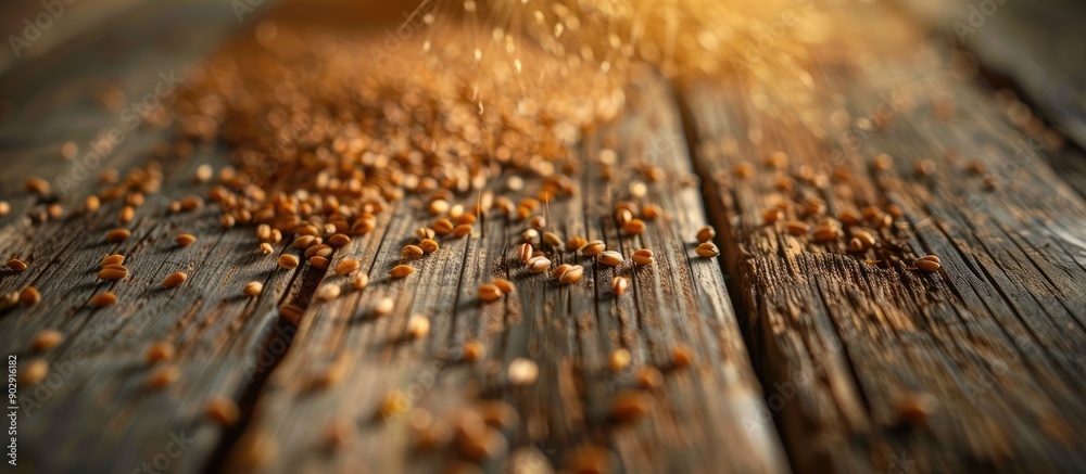 Aufkleber Wheat spilled on wooden table creating a captivating copy space image