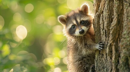 A baby raccoon climbing a tree, morning sunlight