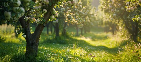 Fototapeta premium Lush apple trees in bloom in the garden with space for text alongside the image. Creative banner. Copyspace image