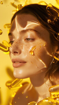 3D Rendering of Glowing Skin with CLA Extract Surrounded by Elegant CLA Supplements and Healthy Oils for a Premium Health Advertisement