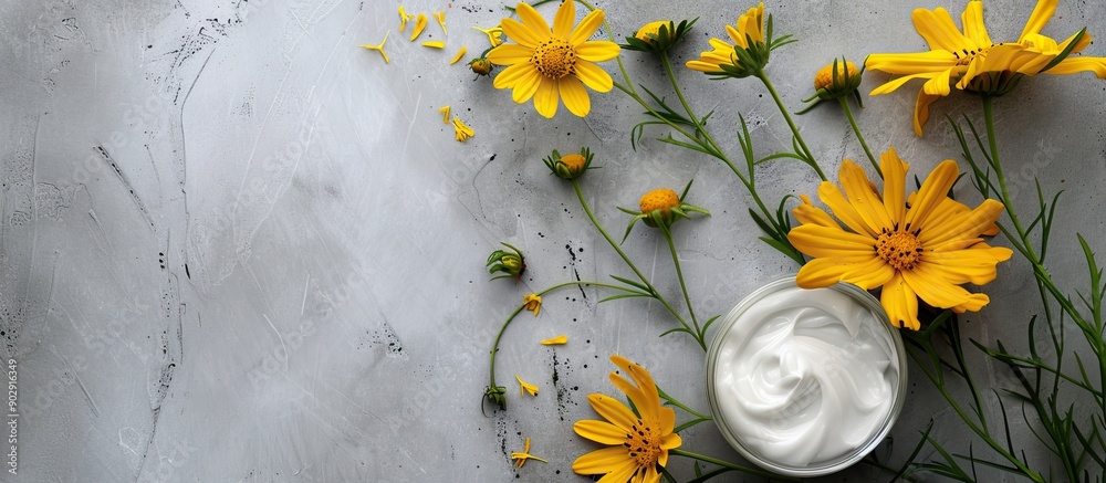 Poster yellow flowers on a gray background enhance the skin care concept in this natural organic moisturize