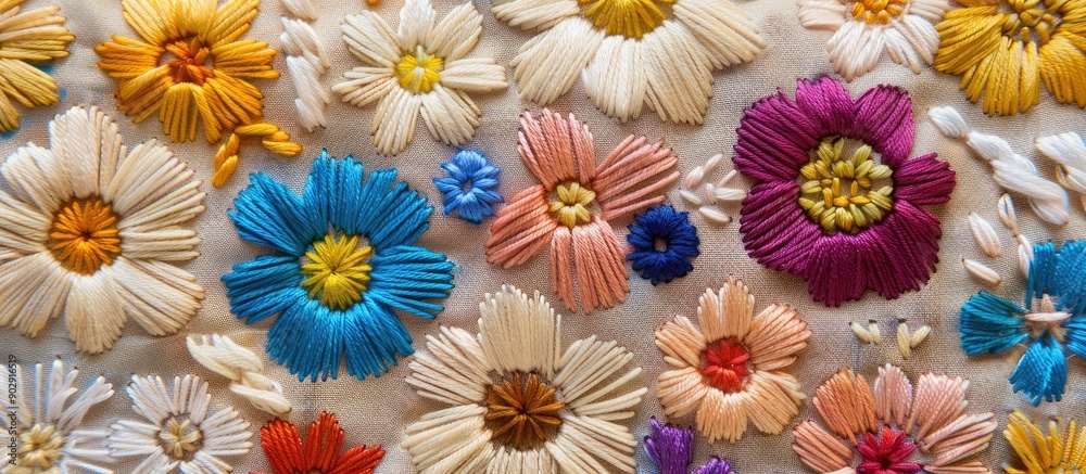 Poster Embroidered flowers on a background suitable for adding text or images known as a copy space image