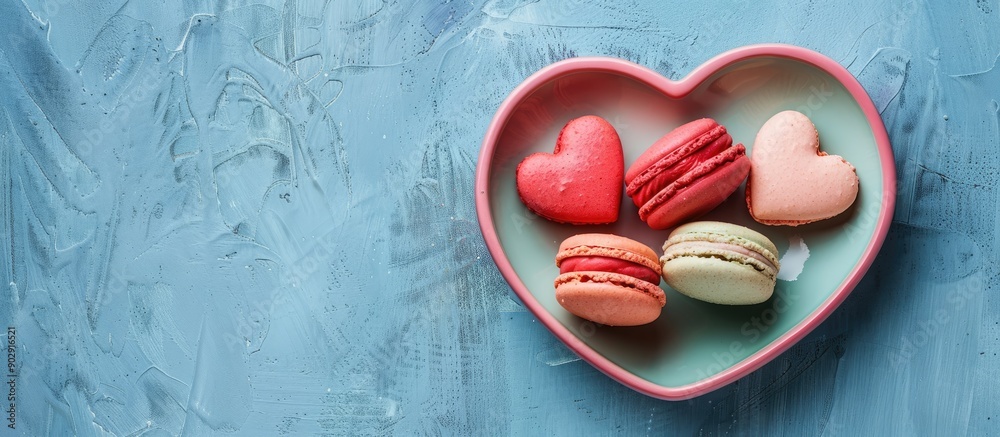 Poster top view flat lay of a valentine s day greeting card with macaroons on a heart shaped plate against 
