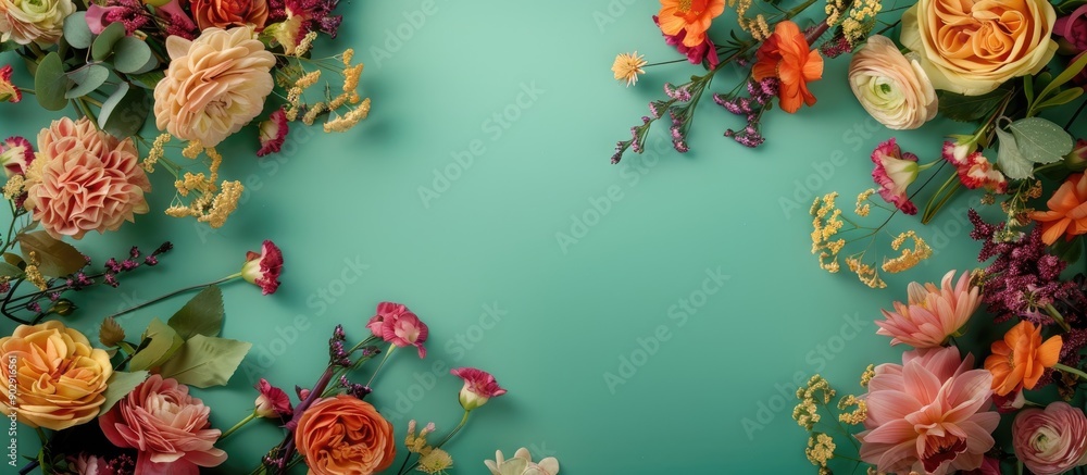 Aufkleber floral decorations arranged on a vibrant green backdrop featuring empty space for an image. creative