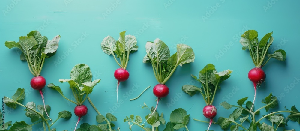 Aufkleber radishes with their leaves intact set against a blue backdrop providing ample copy space image