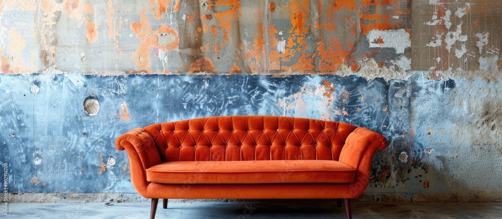 Aufkleber Retro orange couch set against a weathered wall in a vintage style room with a rustic setting and copy space image available