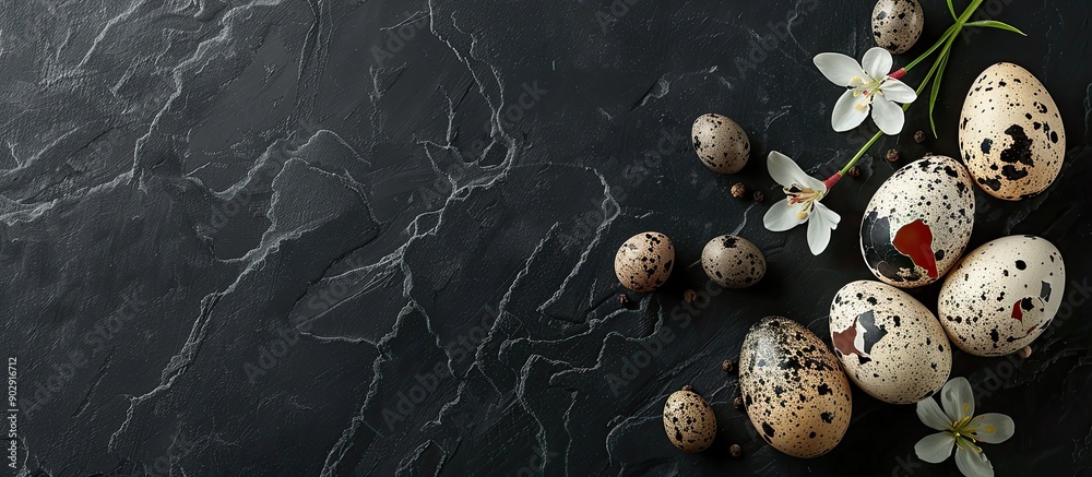 Poster Elegant chicken and quail eggs with decorative elements on a black backdrop ideal for a copy space image