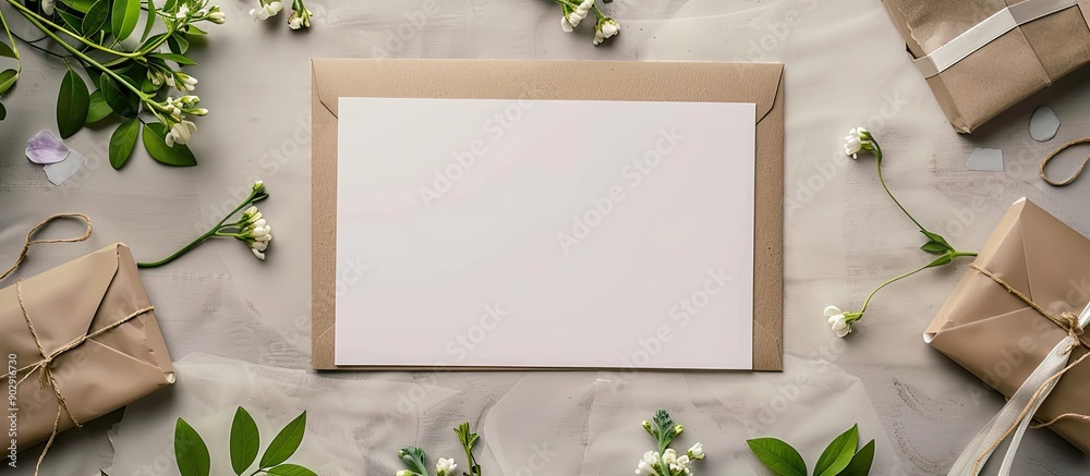 Poster Top view of a white paper sheet on a table as a wedding invitation photo mockup with copy space image