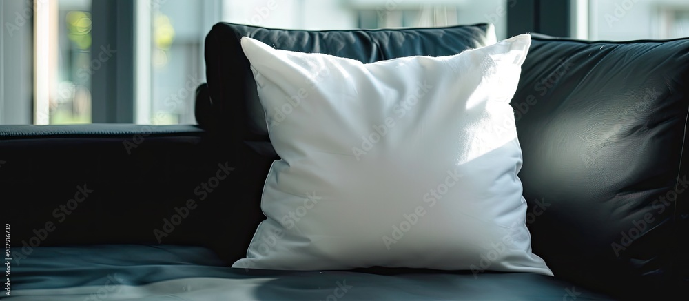 Aufkleber Copy space image featuring a white pillow centered on a black couch for a clean sophisticated look