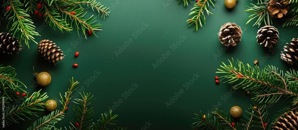 Poster Green Christmas background with spruce branches cones and copy space image for text arranged flatly