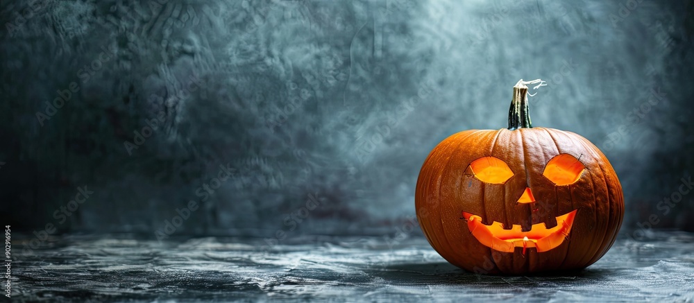 Poster A Halloween themed carved pumpkin set against a dark backdrop with space for text or graphics specifically a copy space image