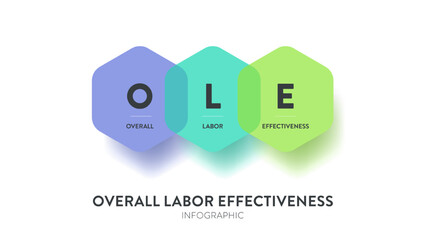 OLE, Overall Labor Effectiveness infographic diagram chart banner template vector for presentation. Measures workforce utilization, performance and quality impact on productivity. Acronym illustration