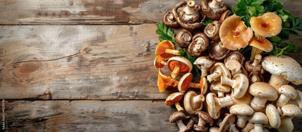 Aufkleber Various types of edible mushrooms displayed on a wooden table with copy space image